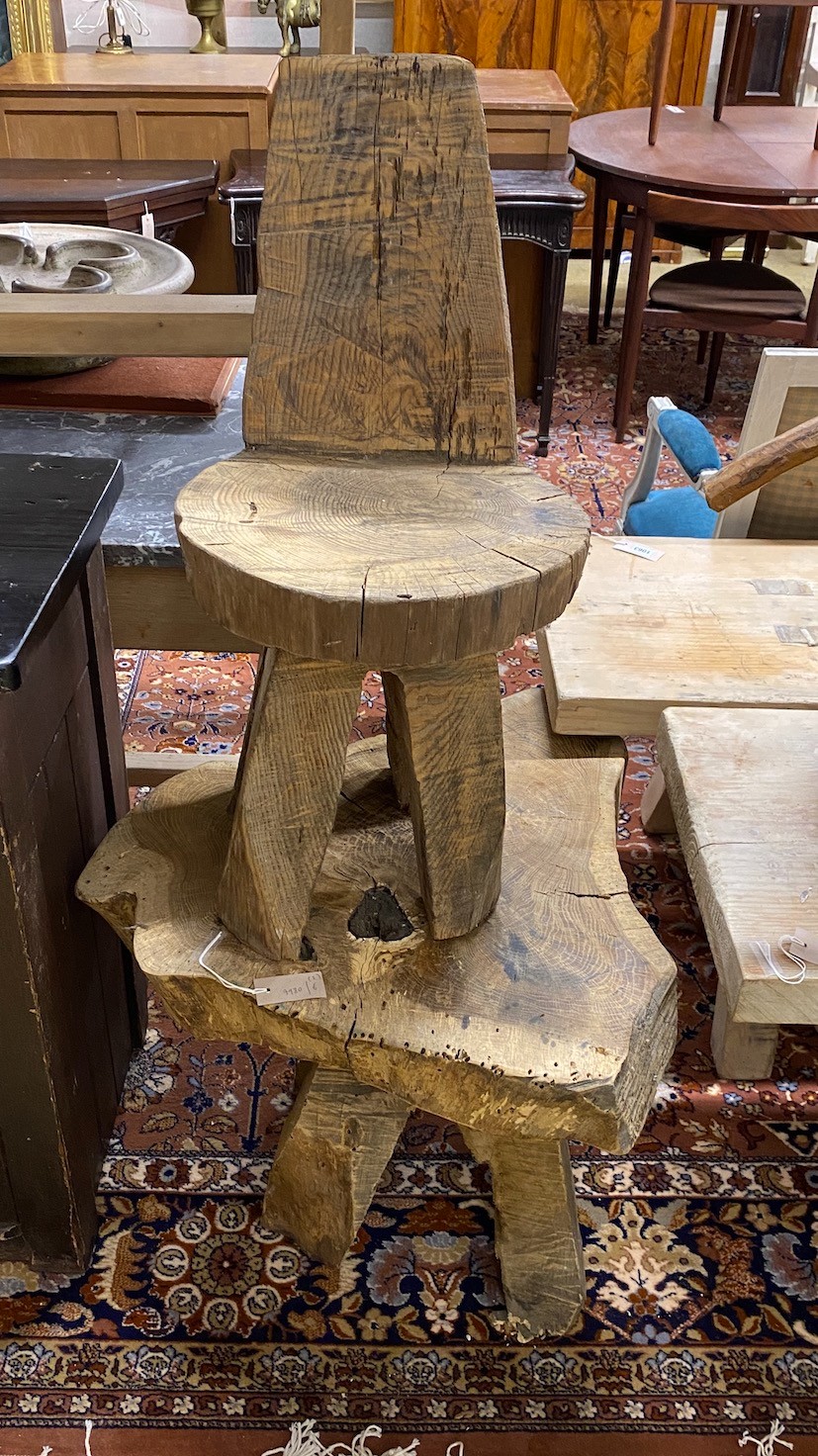 A rustic oak tree section table, height 52cm and similar chair